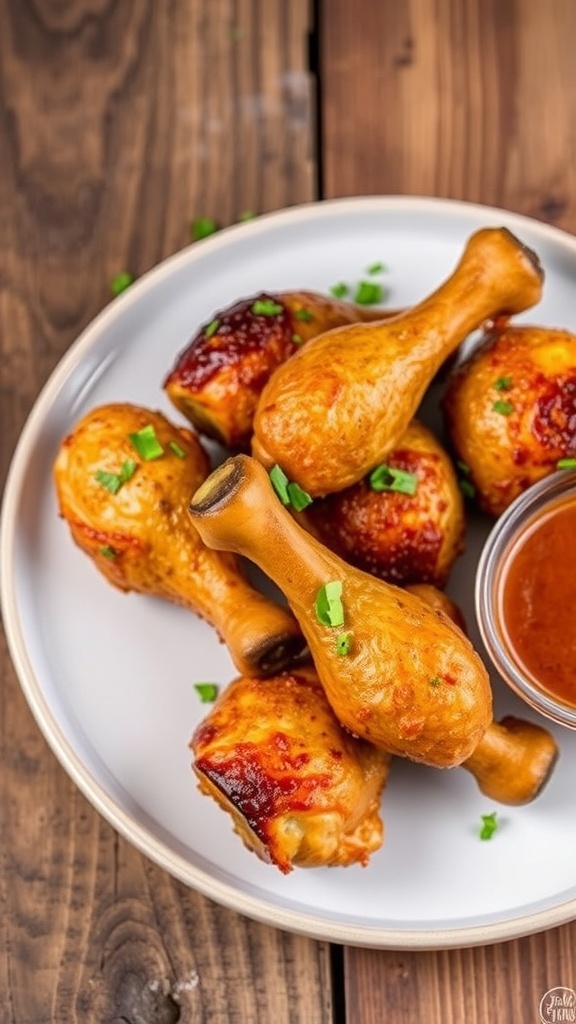Crispy seasoned chicken drumsticks on a plate with herbs and dipping sauce.